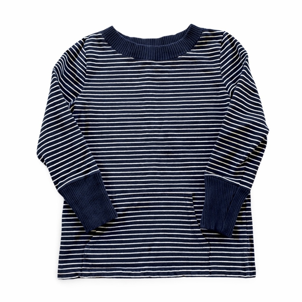 Talbots Navy Stripe Knit Top Small Coastal Grandma Ribbed Trim Pocket Preppy - Picture 1 of 6
